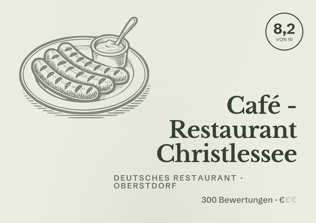 Illustriertes Poster von Café - Restaurant Christlessee, Deutsches Restaurant in Oberstdorf: Bewertung 8,2 von 10 aus 300 Bewertungen, Preisniveau €