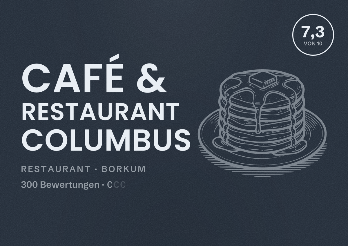 Illustriertes Poster von Café & Restaurant Columbus, Restaurant in Borkum: Bewertung 7,3 von 10 aus 300 Bewertungen, Preisniveau €