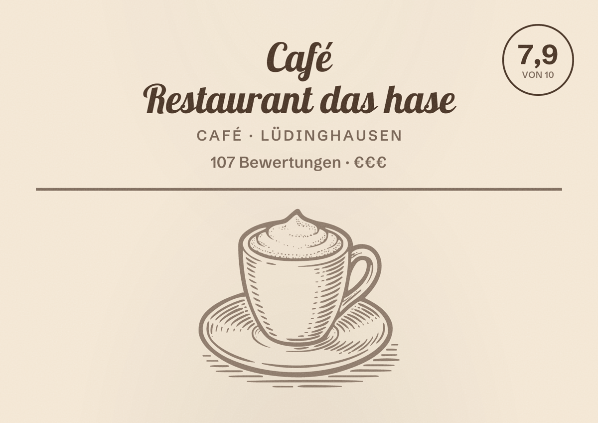 Illustriertes Poster von Café Restaurant das hase, Café in Lüdinghausen: Bewertung 7,9 von 10 aus 107 Bewertungen, Preisniveau €€€