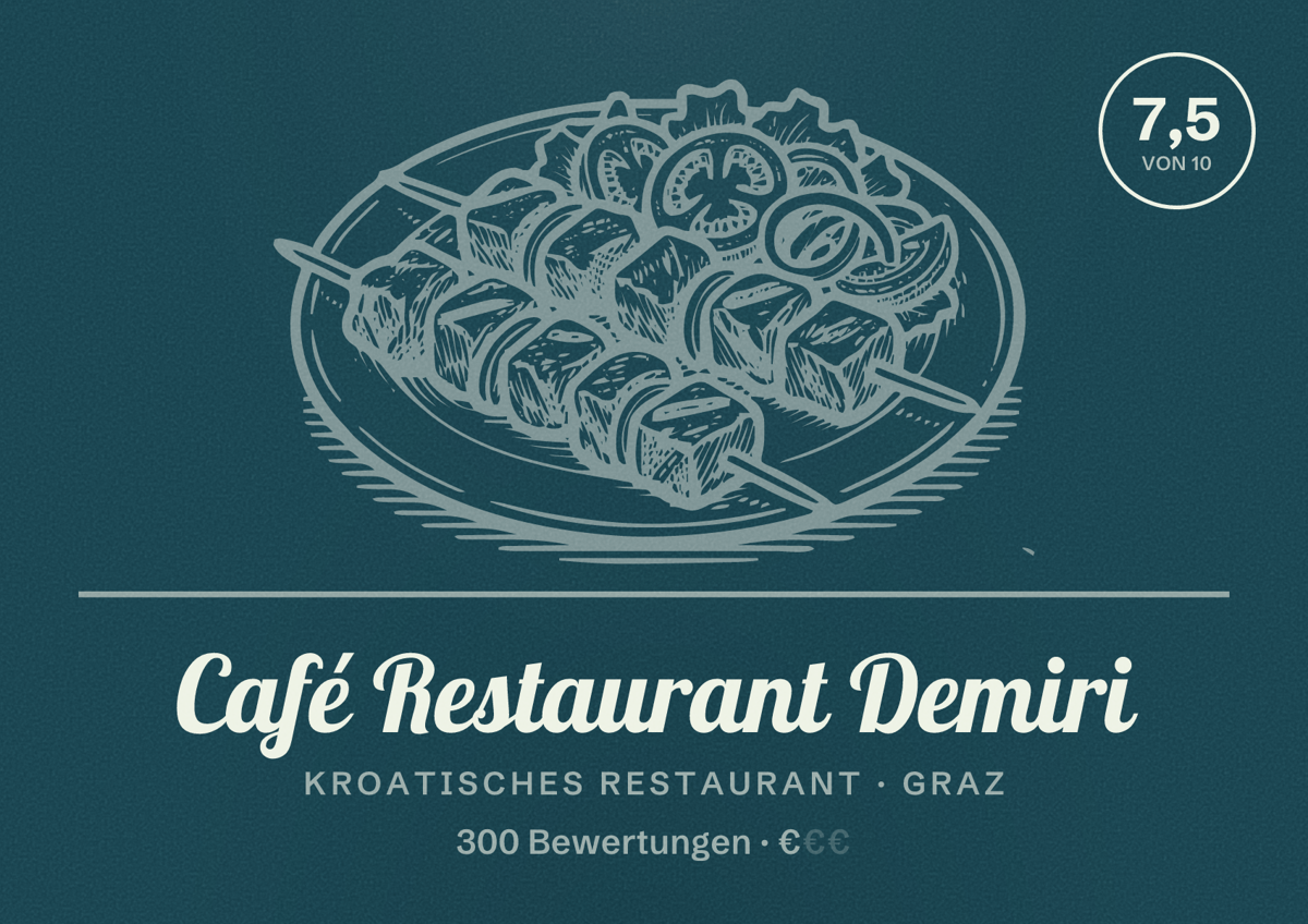 Illustriertes Poster von Café Restaurant Demiri, Kroatisches Restaurant in Graz: Bewertung 7,5 von 10 aus 300 Bewertungen, Preisniveau €