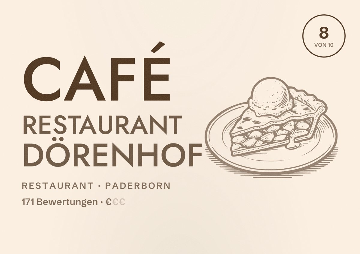 Illustriertes Poster von Café Restaurant Dörenhof, Restaurant in Paderborn: Bewertung 8 von 10 aus 171 Bewertungen, Preisniveau €