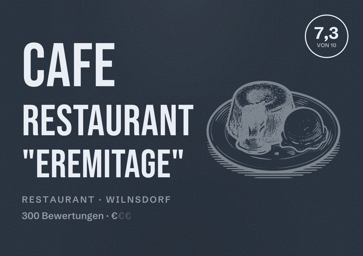 Illustriertes Poster von Cafe Restaurant "Eremitage", Restaurant in Wilnsdorf: Bewertung 7,3 von 10 aus 300 Bewertungen, Preisniveau €