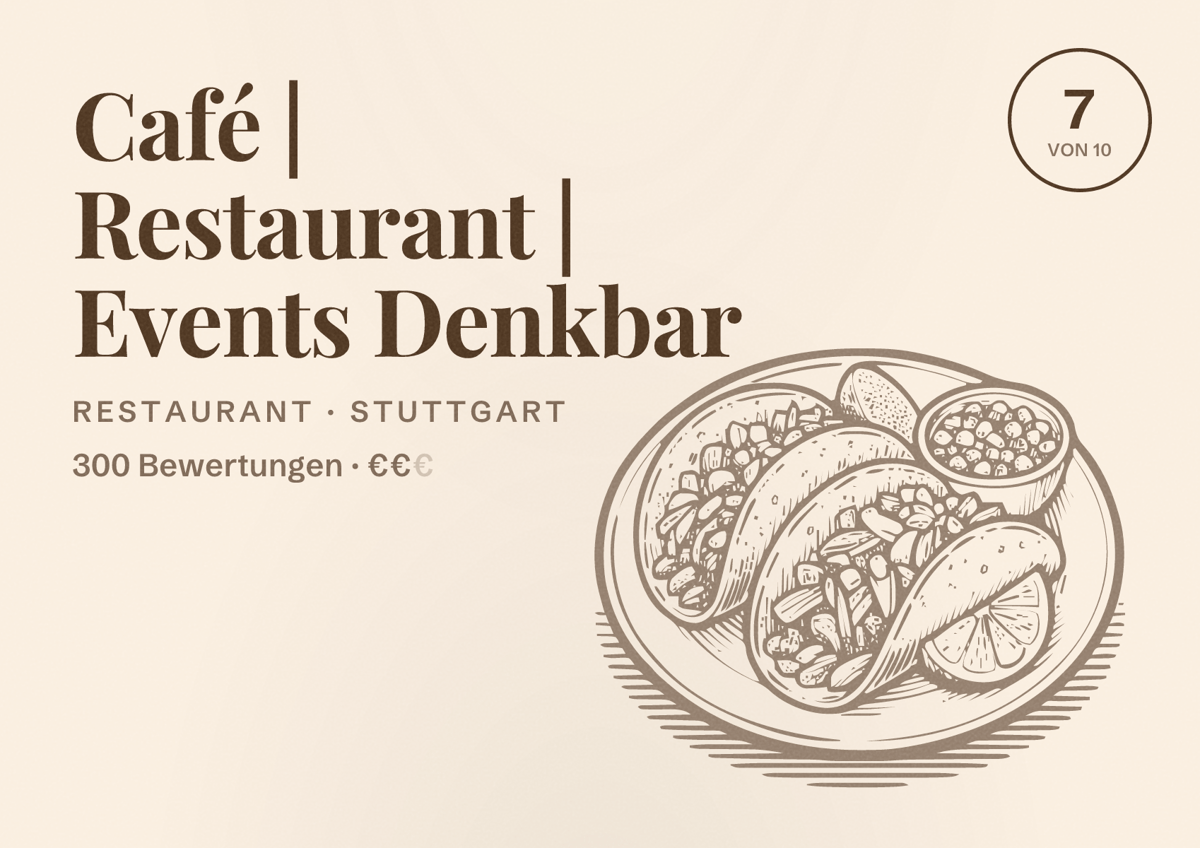 Illustriertes Poster von Café | Restaurant | Events Denkbar, Restaurant in Stuttgart: Bewertung 7,0 von 10 aus 300 Bewertungen, Preisniveau €€