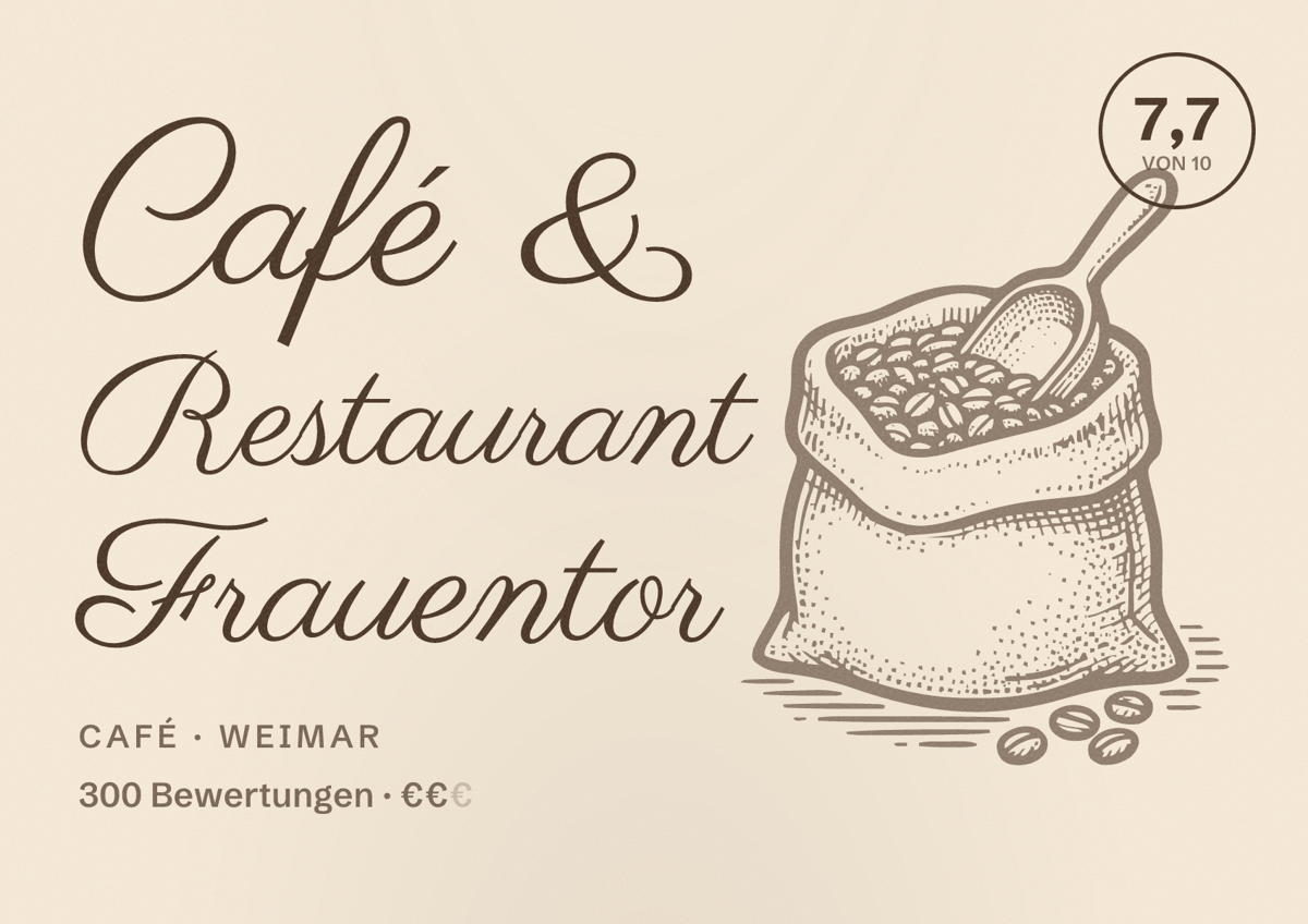 Illustriertes Poster von Café & Restaurant Frauentor, Café in Weimar: Bewertung 7,7 von 10 aus 300 Bewertungen, Preisniveau €€