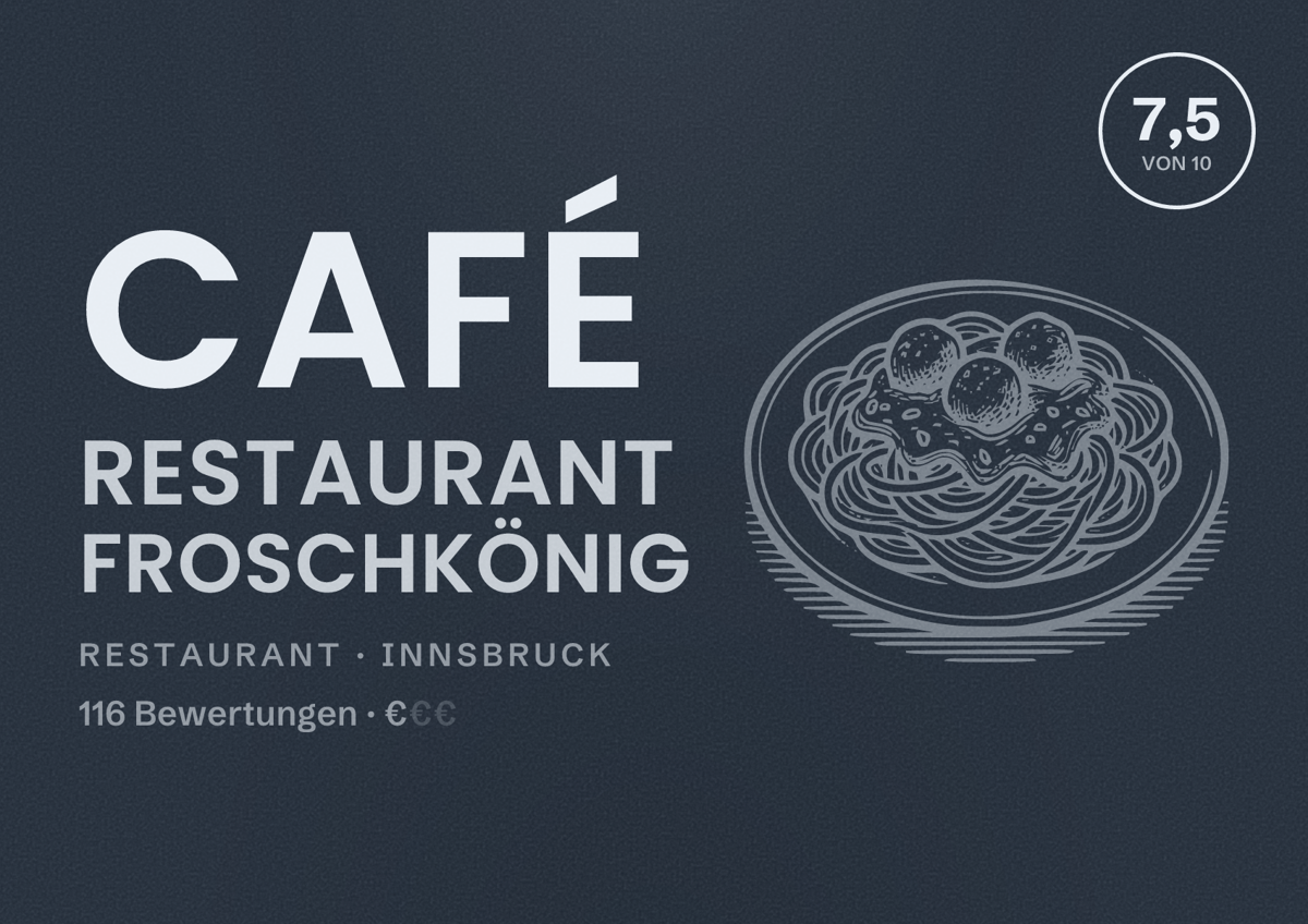Illustriertes Poster von Café Restaurant Froschkönig, Restaurant in Innsbruck: Bewertung 7,5 von 10 aus 116 Bewertungen, Preisniveau €