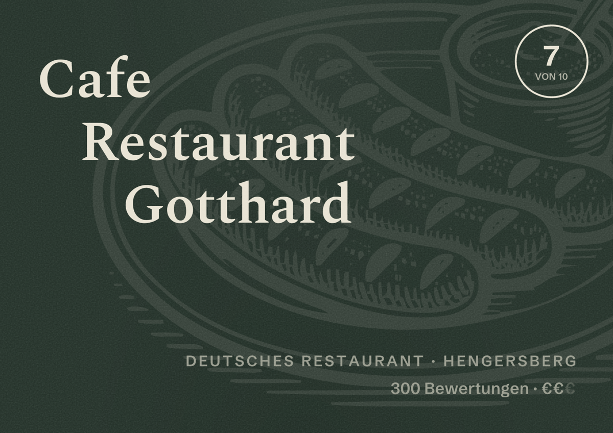 Illustriertes Poster von Cafe Restaurant Gotthard, Deutsches Restaurant in Hengersberg: Bewertung 7 von 10 aus 300 Bewertungen, Preisniveau €€