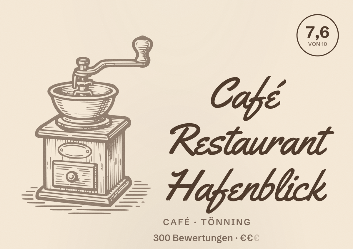 Illustriertes Poster von Café Restaurant Hafenblick, Café in Tönning: Bewertung 7,6 von 10 aus 300 Bewertungen, Preisniveau €€
