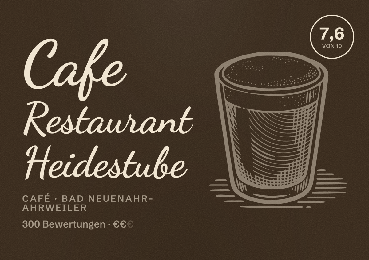 Illustriertes Poster von Cafe Restaurant Heidestube, Café in Bad Neuenahr-Ahrweiler: Bewertung 7,6 von 10 aus 300 Bewertungen, Preisniveau €€