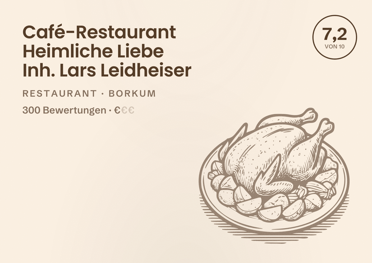 Illustriertes Poster von Café-Restaurant Heimliche Liebe Inh. Lars Leidheiser, Restaurant in Borkum: Bewertung 7,2 von 10 aus 300 Bewertungen, Preisniveau €