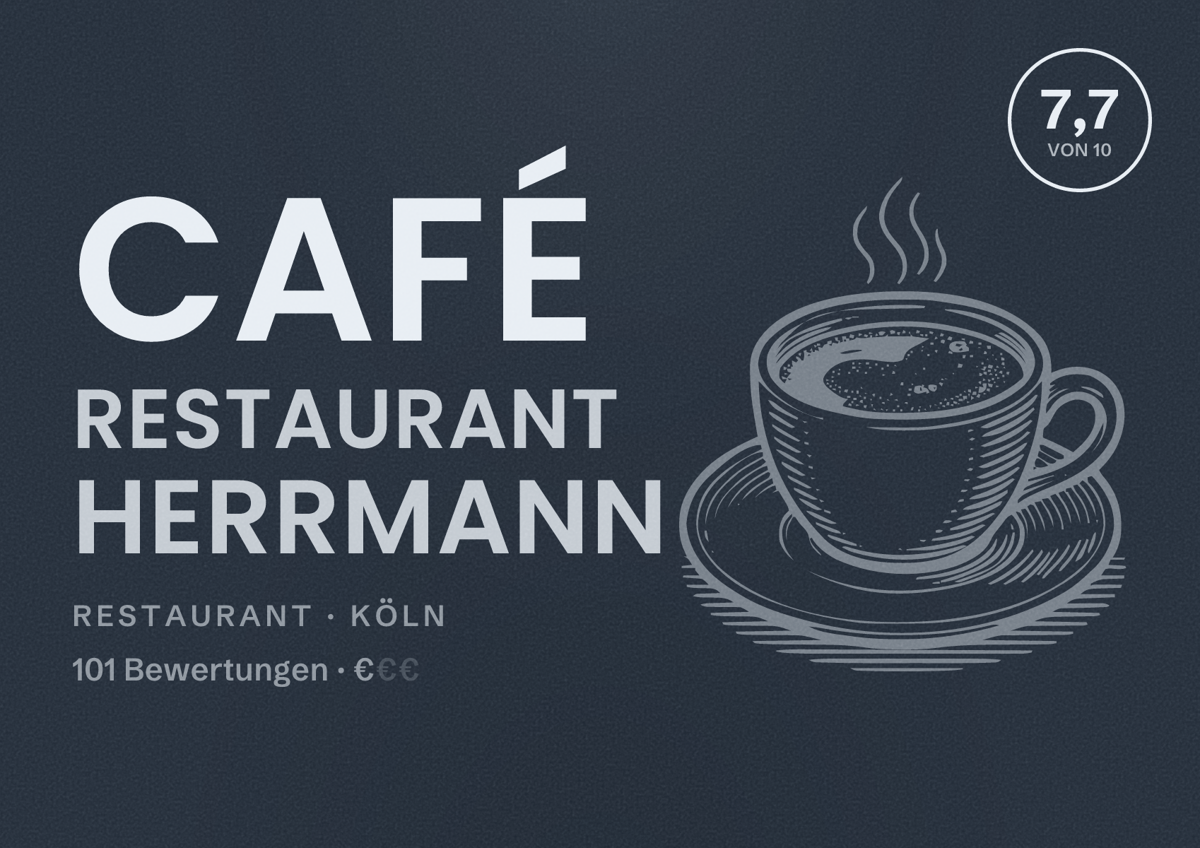 Illustriertes Poster von Café Restaurant Herrmann, Restaurant in Köln: Bewertung 7,7 von 10 aus 101 Bewertungen, Preisniveau €