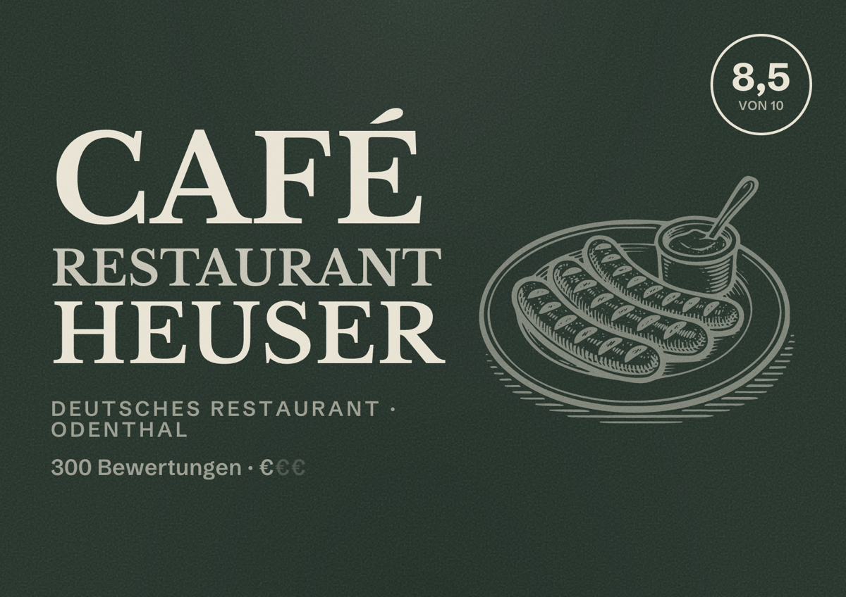 Illustriertes Poster von Café Restaurant Heuser, Deutsches Restaurant in Odenthal: Bewertung 8,5 von 10 aus 300 Bewertungen, Preisniveau €