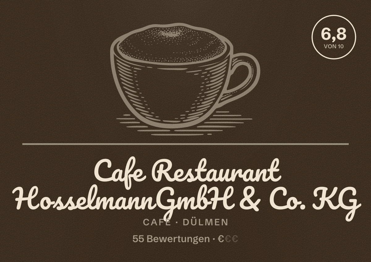 Illustriertes Poster von Cafe Restaurant Hosselmann GmbH & Co. KG, Café in Dülmen: Bewertung 6,8 von 10 aus 55 Bewertungen, Preisniveau €