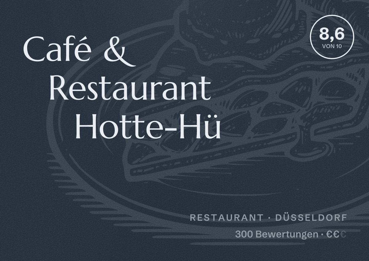 Illustriertes Poster von Café & Restaurant Hotte-Hü, Restaurant in Düsseldorf: Bewertung 8,6 von 10 aus 300 Bewertungen, Preisniveau €€