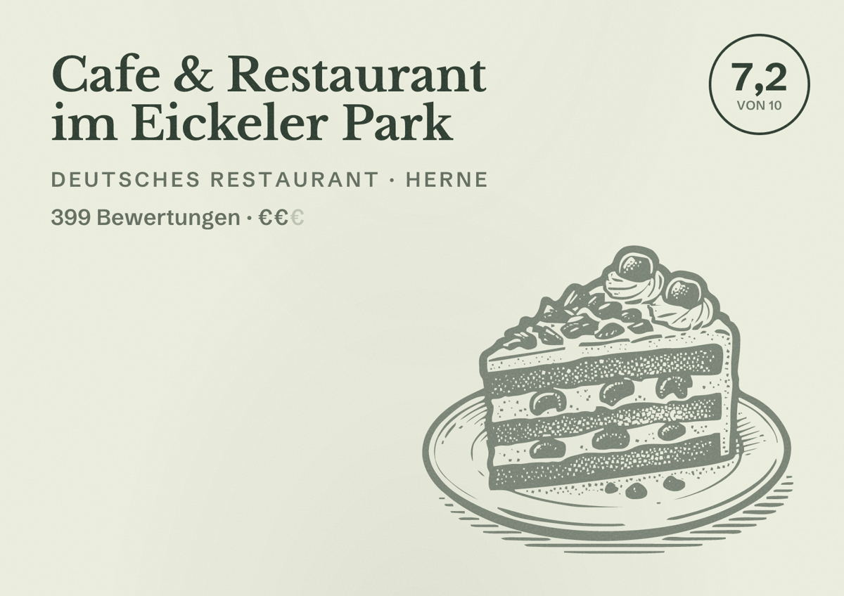 Illustriertes Poster von Cafe & Restaurant im Eickeler Park, Deutsches Restaurant in Herne: Bewertung 7,2 von 10 aus 399 Bewertungen, Preisniveau €€