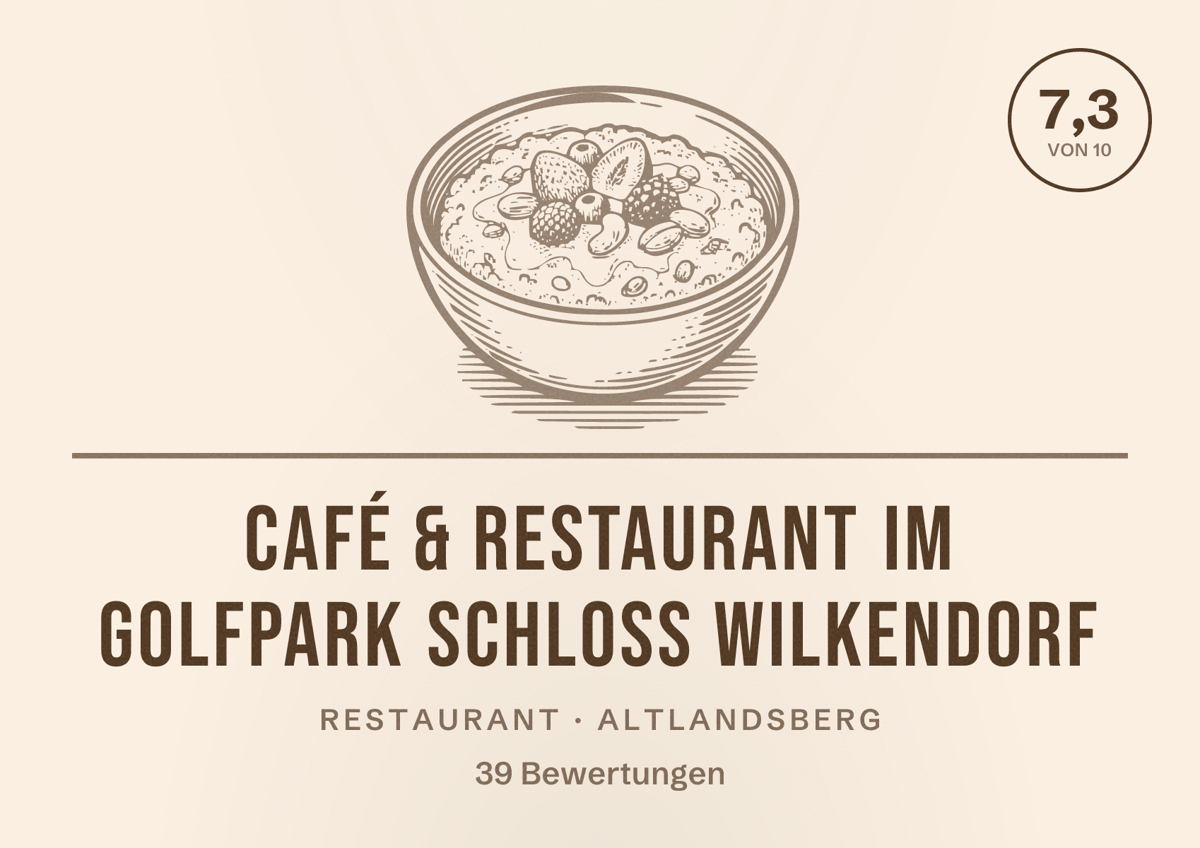 Illustriertes Poster von Café & Restaurant im Golfpark Schloss Wilkendorf, Restaurant in Altlandsberg: Bewertung 7,3 von 10 aus 39 Bewertungen
