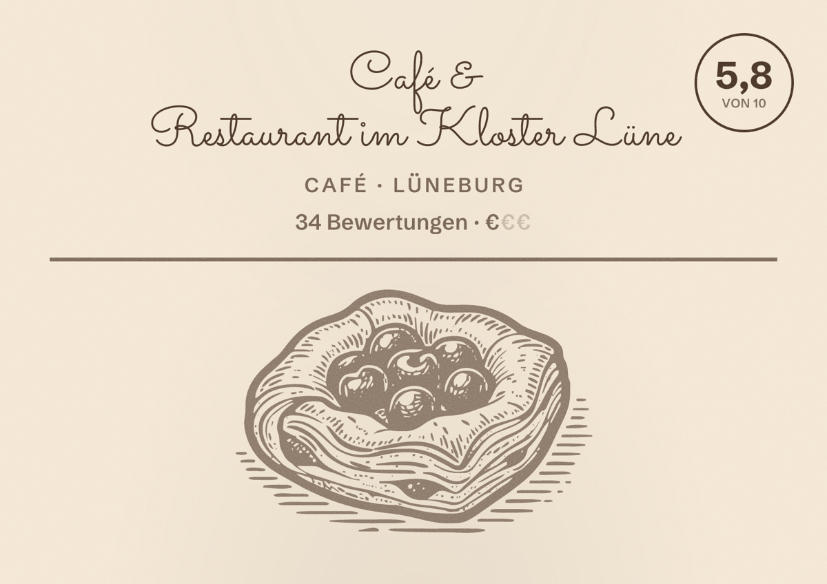 Illustriertes Poster von Café & Restaurant im Kloster Lüne, Café in Lüneburg: Bewertung 5,8 von 10 aus 34 Bewertungen, Preisniveau €