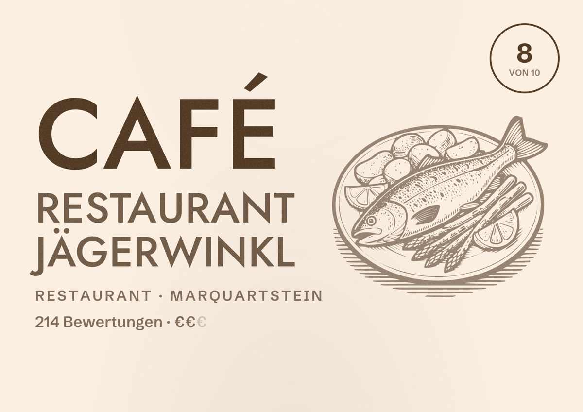 Illustriertes Poster von Café Restaurant Jägerwinkl, Restaurant in Marquartstein: Bewertung 8 von 10 aus 214 Bewertungen, Preisniveau €€