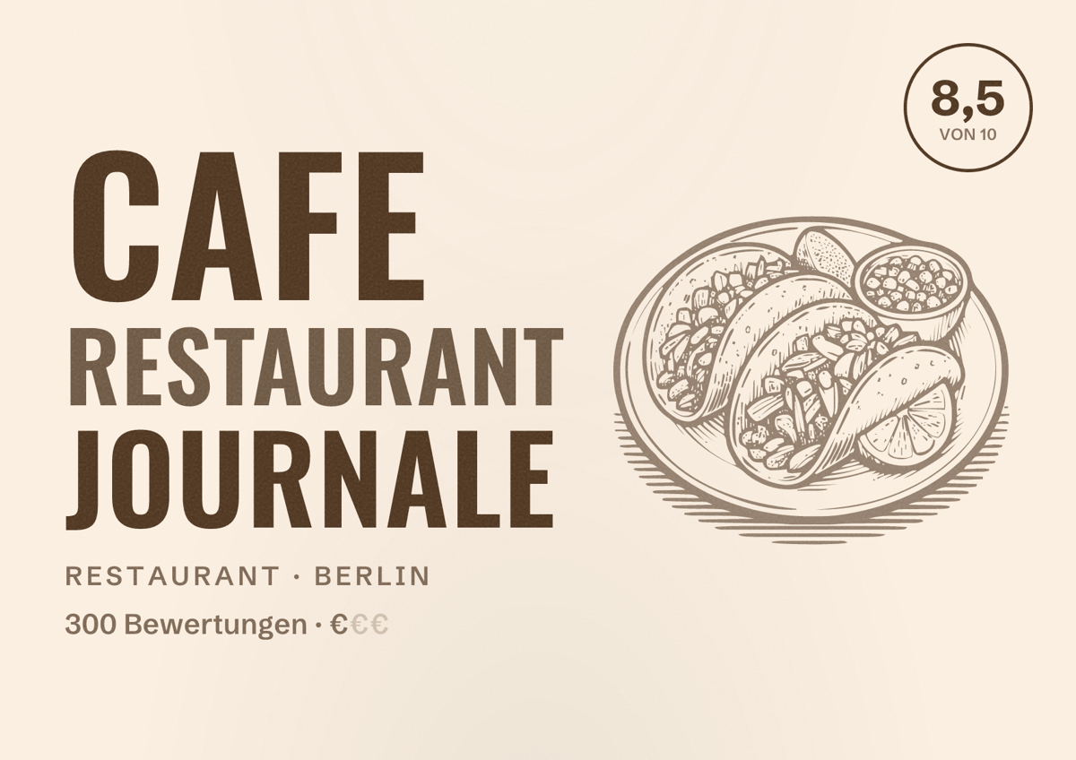Illustriertes Poster von Cafe Restaurant Journale, Restaurant in Berlin: Bewertung 8,5 von 10 aus 300 Bewertungen, Preisniveau €