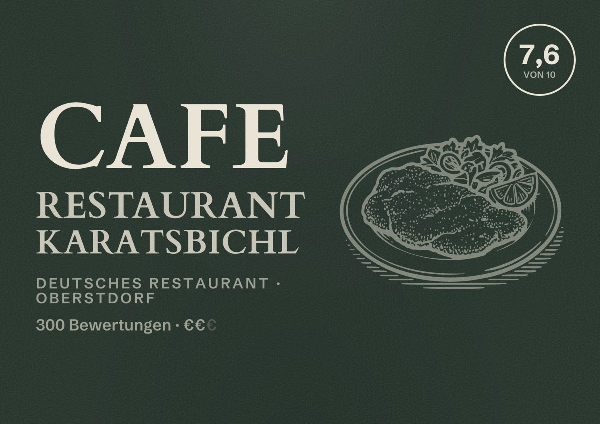Illustriertes Poster von Cafe Restaurant Karatsbichl, Deutsches Restaurant in Oberstdorf: Bewertung 7,6 von 10 aus 300 Bewertungen, Preisniveau €€