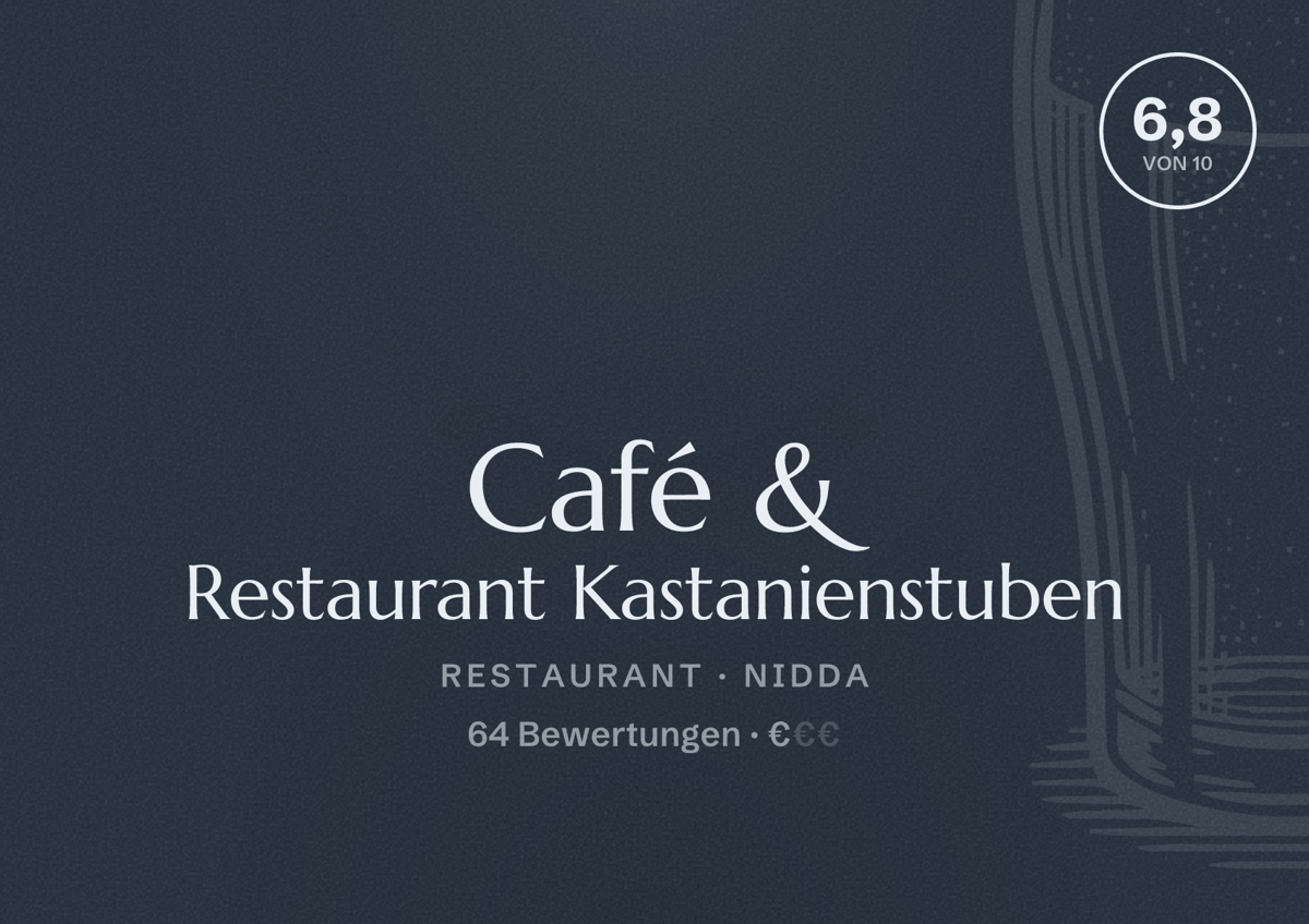 Illustriertes Poster von Café & Restaurant Kastanienstuben, Restaurant in Nidda: Bewertung 6,8 von 10 aus 64 Bewertungen, Preisniveau €