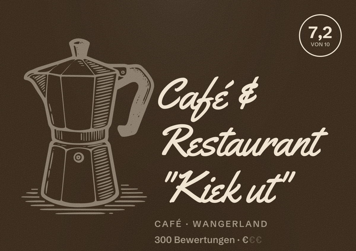 Illustriertes Poster von Café & Restaurant "Kiek ut", Café in Wangerland: Bewertung 7,2 von 10 aus 300 Bewertungen, Preisniveau €