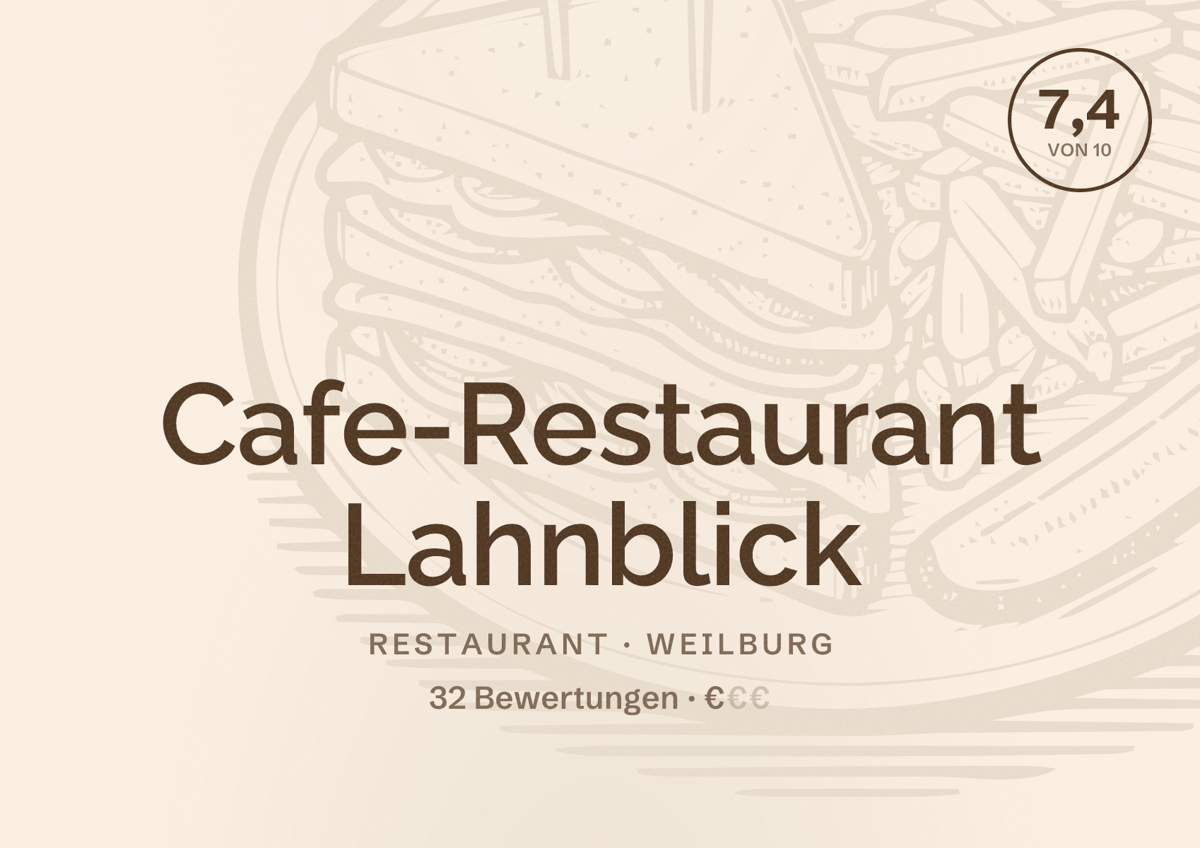 Illustriertes Poster von Cafe-Restaurant Lahnblick, Restaurant in Weilburg: Bewertung 7,4 von 10 aus 32 Bewertungen, Preisniveau €