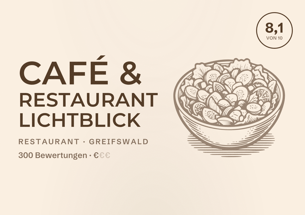 Illustriertes Poster von Café & Restaurant Lichtblick, Restaurant in Greifswald: Bewertung 8,1 von 10 aus 300 Bewertungen, Preisniveau €