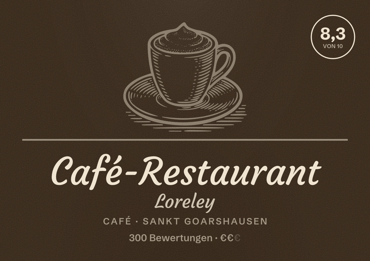 Illustriertes Poster von Café-Restaurant Loreley, Café in Sankt Goarshausen: Bewertung 8,3 von 10 aus 300 Bewertungen, Preisniveau €€