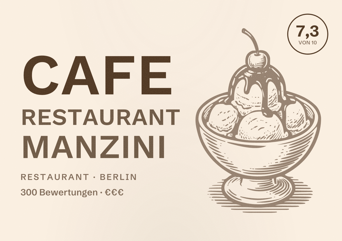 Illustriertes Poster von Cafe Restaurant Manzini, Restaurant in Berlin: Bewertung 7,3 von 10 aus 300 Bewertungen, Preisniveau €€€