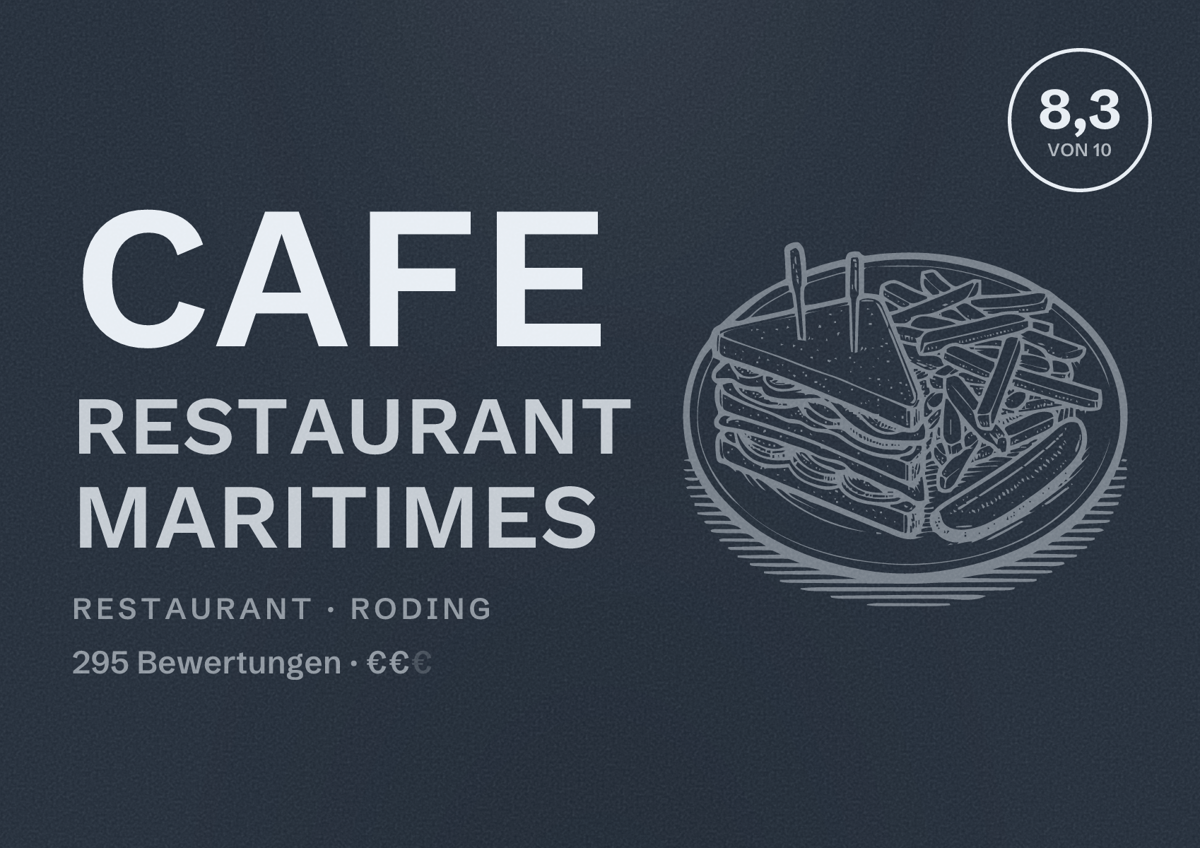 Illustriertes Poster von Cafe Restaurant Maritimes, Restaurant in Roding: Bewertung 8,3 von 10 aus 295 Bewertungen, Preisniveau €€