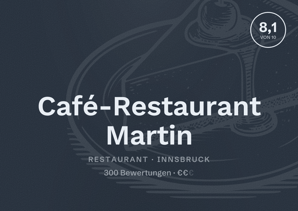 Illustriertes Poster von Café-Restaurant Martin, Restaurant in Innsbruck: Bewertung 8,1 von 10 aus 300 Bewertungen, Preisniveau €€