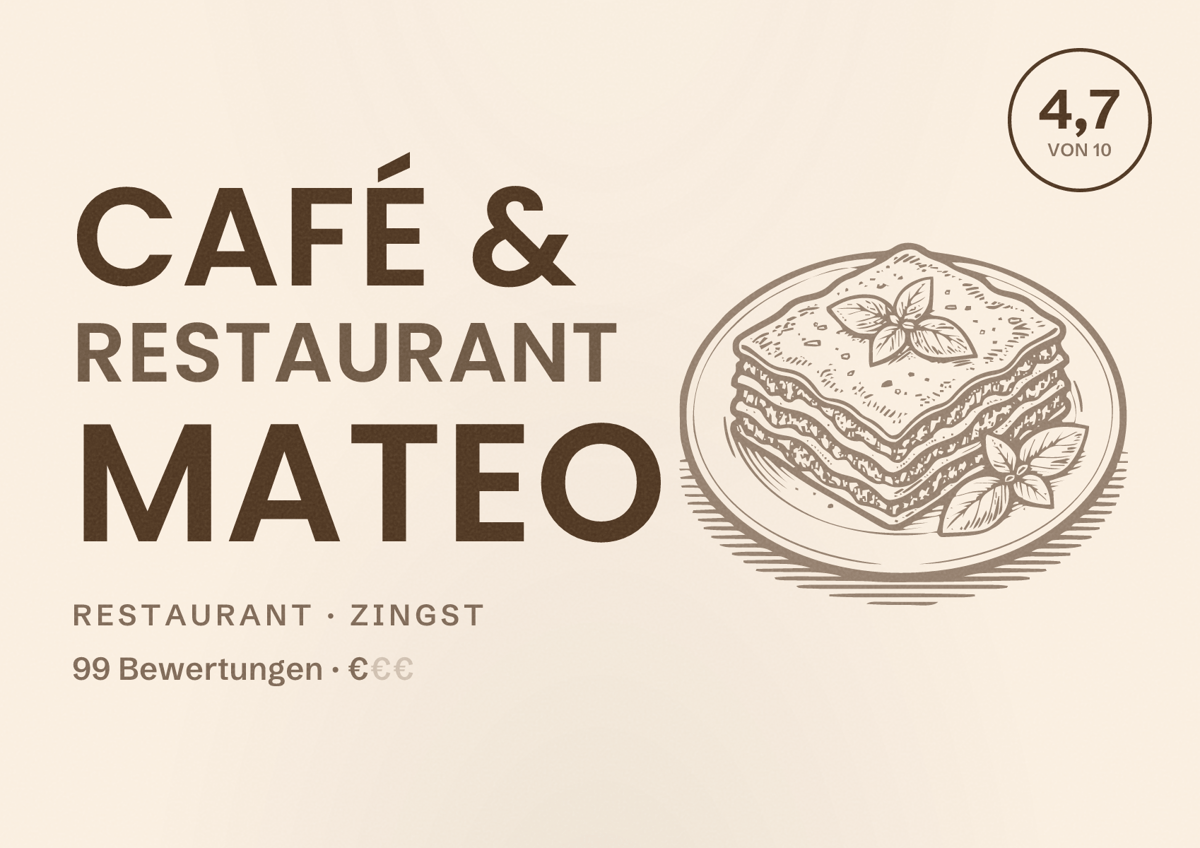 Illustriertes Poster von Café & Restaurant Mateo, Restaurant in Zingst: Bewertung 4,7 von 10 aus 99 Bewertungen, Preisniveau €
