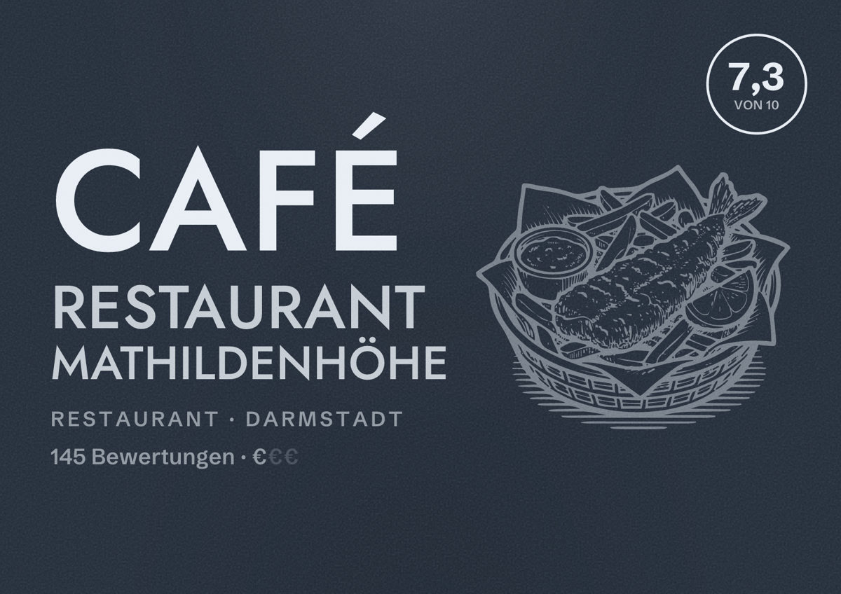 Illustriertes Poster von Café Restaurant Mathildenhöhe, Restaurant in Darmstadt: Bewertung 7,3 von 10 aus 145 Bewertungen, Preisniveau €