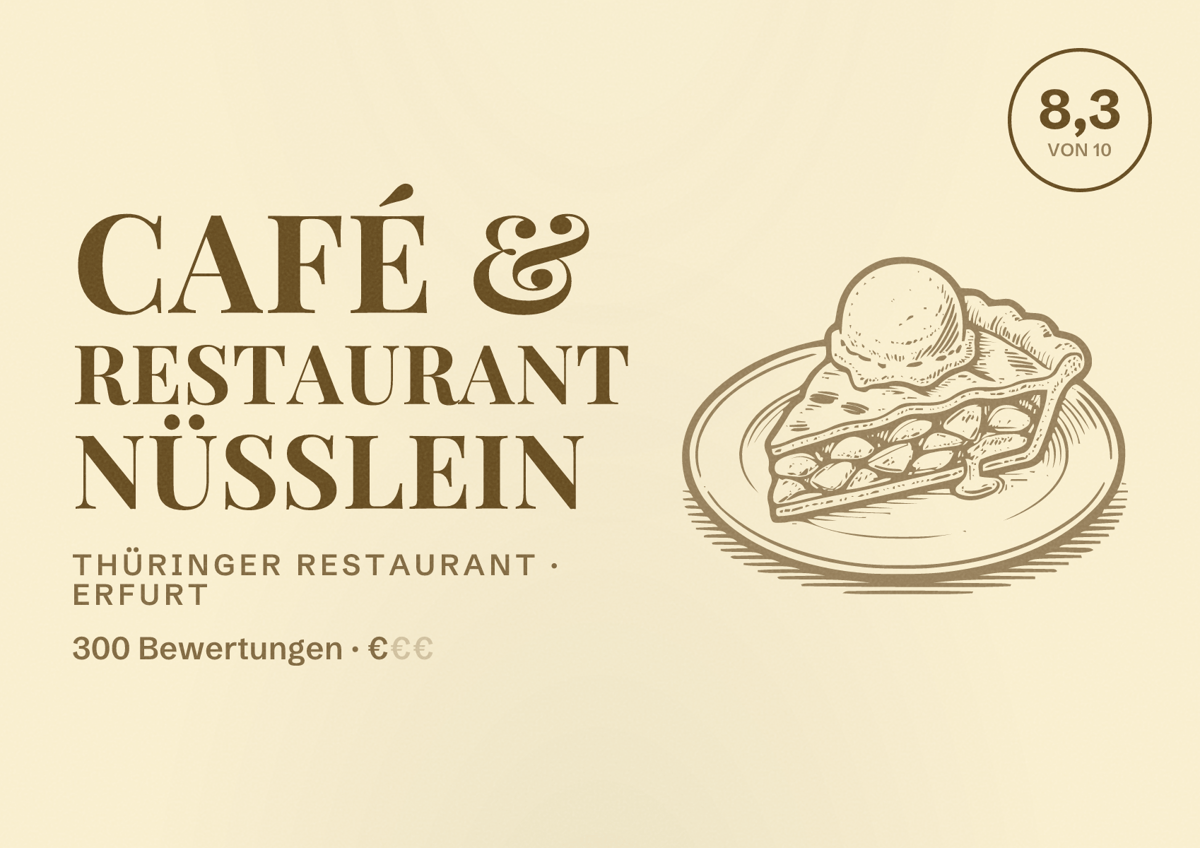 Illustriertes Poster von Café & Restaurant Nüsslein, Thüringer Restaurant in Erfurt: Bewertung 8,3 von 10 aus 300 Bewertungen, Preisniveau €