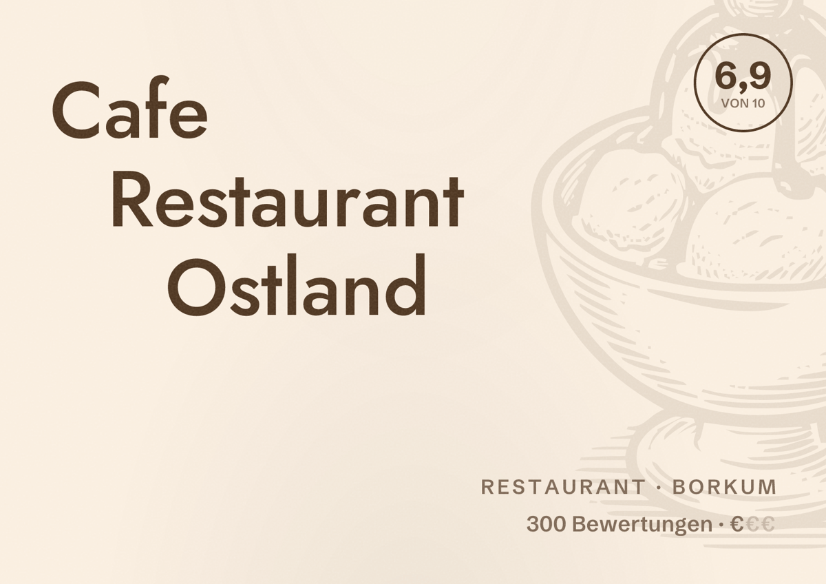 Illustriertes Poster von Cafe Restaurant Ostland, Restaurant in Borkum: Bewertung 6,9 von 10 aus 300 Bewertungen, Preisniveau €