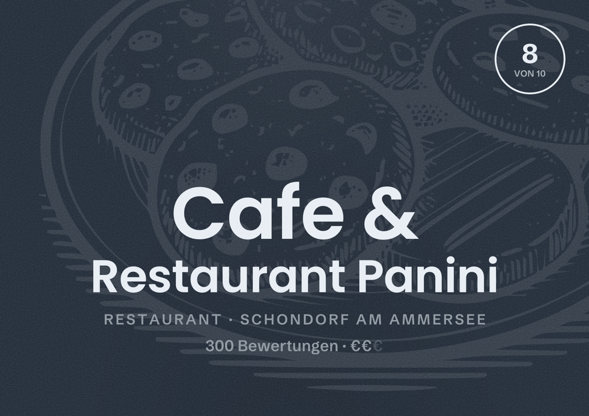 Illustriertes Poster von Cafe & Restaurant Panini, Restaurant in Schondorf am Ammersee: Bewertung 8 von 10 aus 300 Bewertungen, Preisniveau €€