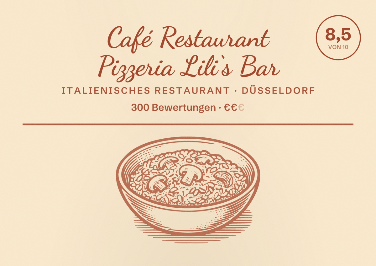 Illustriertes Poster von Café Restaurant Pizzeria Lili‘s Bar, Italienisches Restaurant in Düsseldorf: Bewertung 8,5 von 10 aus 300 Bewertungen, Preisniveau €€