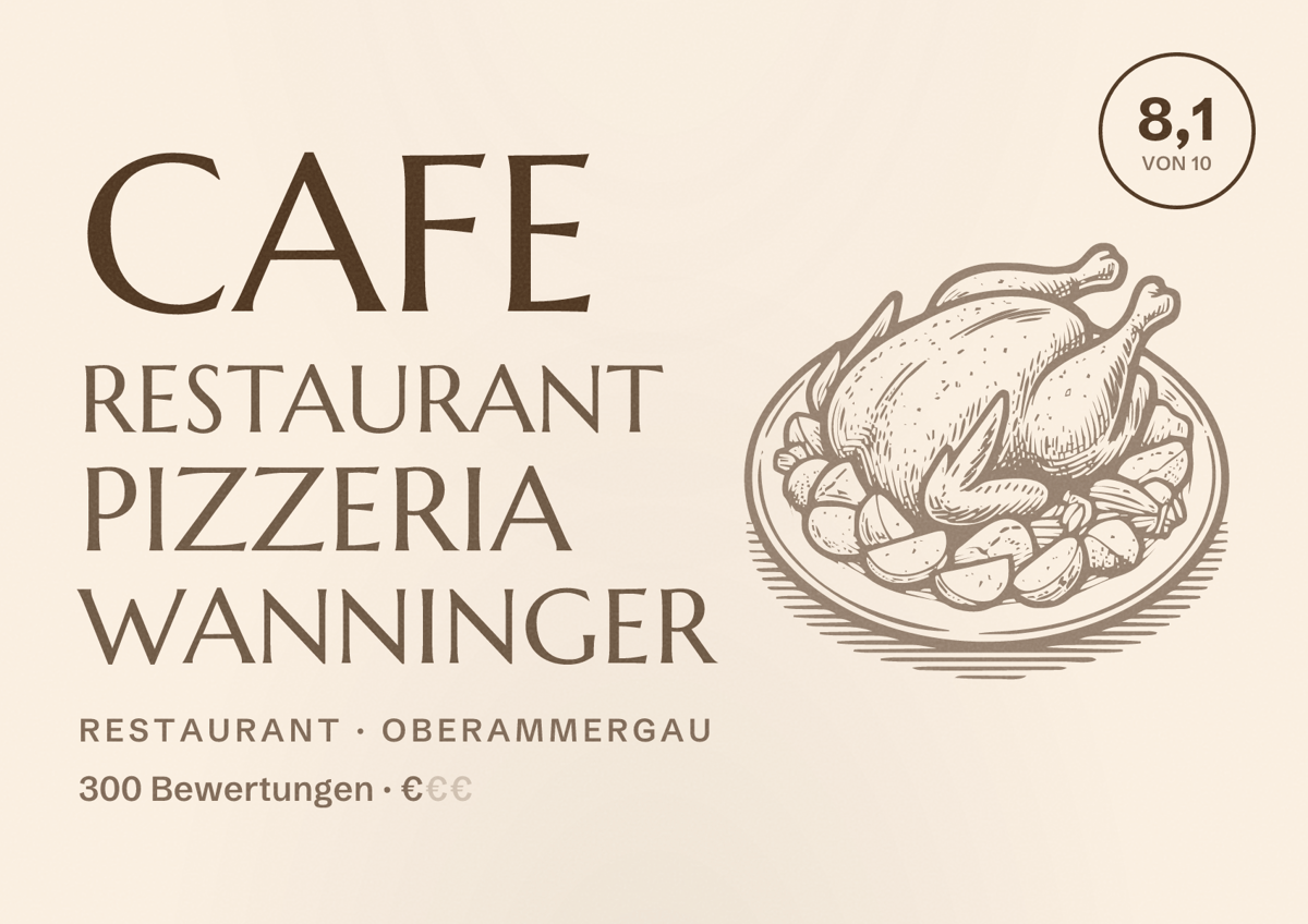 Illustriertes Poster von Cafe Restaurant Pizzeria Wanninger, Restaurant in Oberammergau: Bewertung 8,1 von 10 aus 300 Bewertungen, Preisniveau €