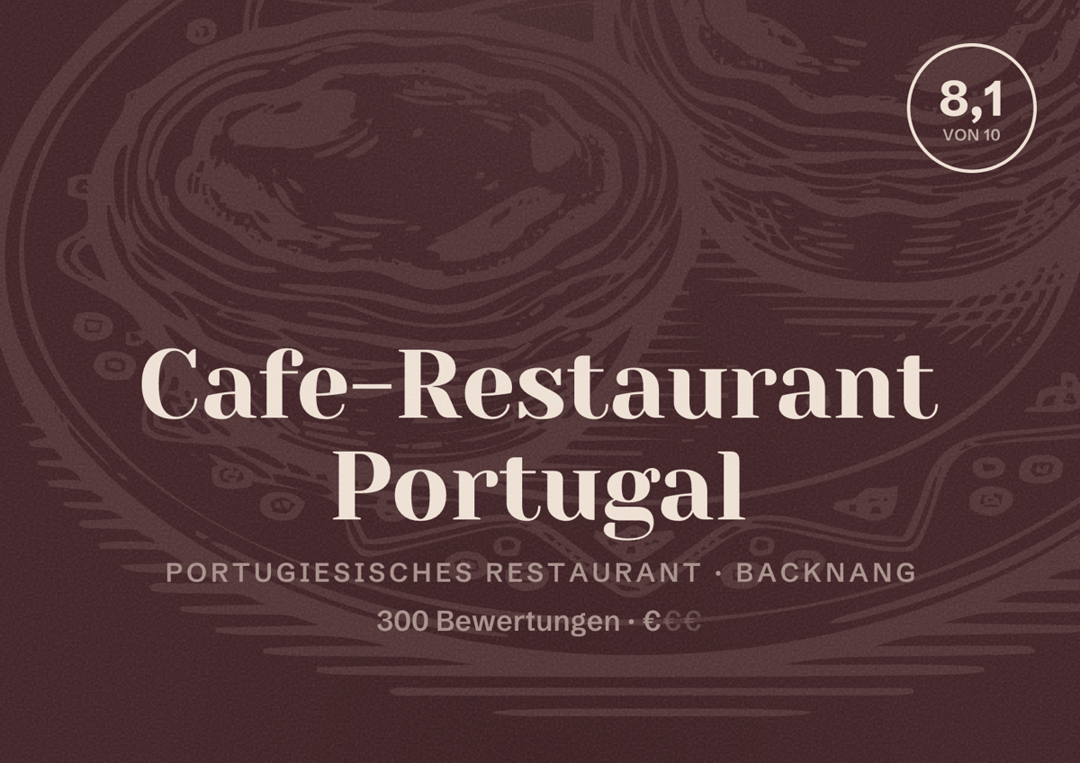 Illustriertes Poster von Cafe-Restaurant Portugal, Portugiesisches Restaurant in Backnang: Bewertung 8,1 von 10 aus 300 Bewertungen, Preisniveau €