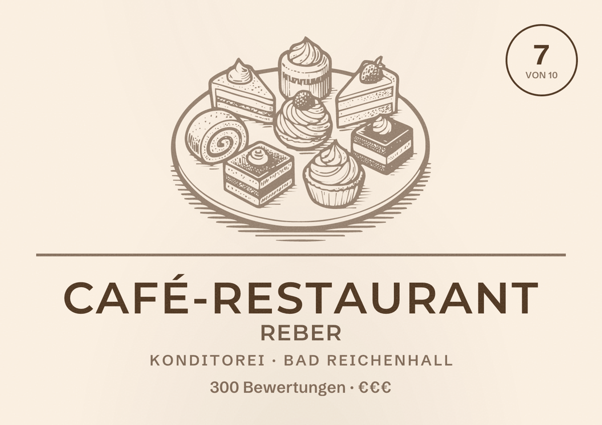 Illustriertes Poster von Café-Restaurant Reber, Konditorei in Bad Reichenhall: Bewertung 7 von 10 aus 300 Bewertungen, Preisniveau €€€