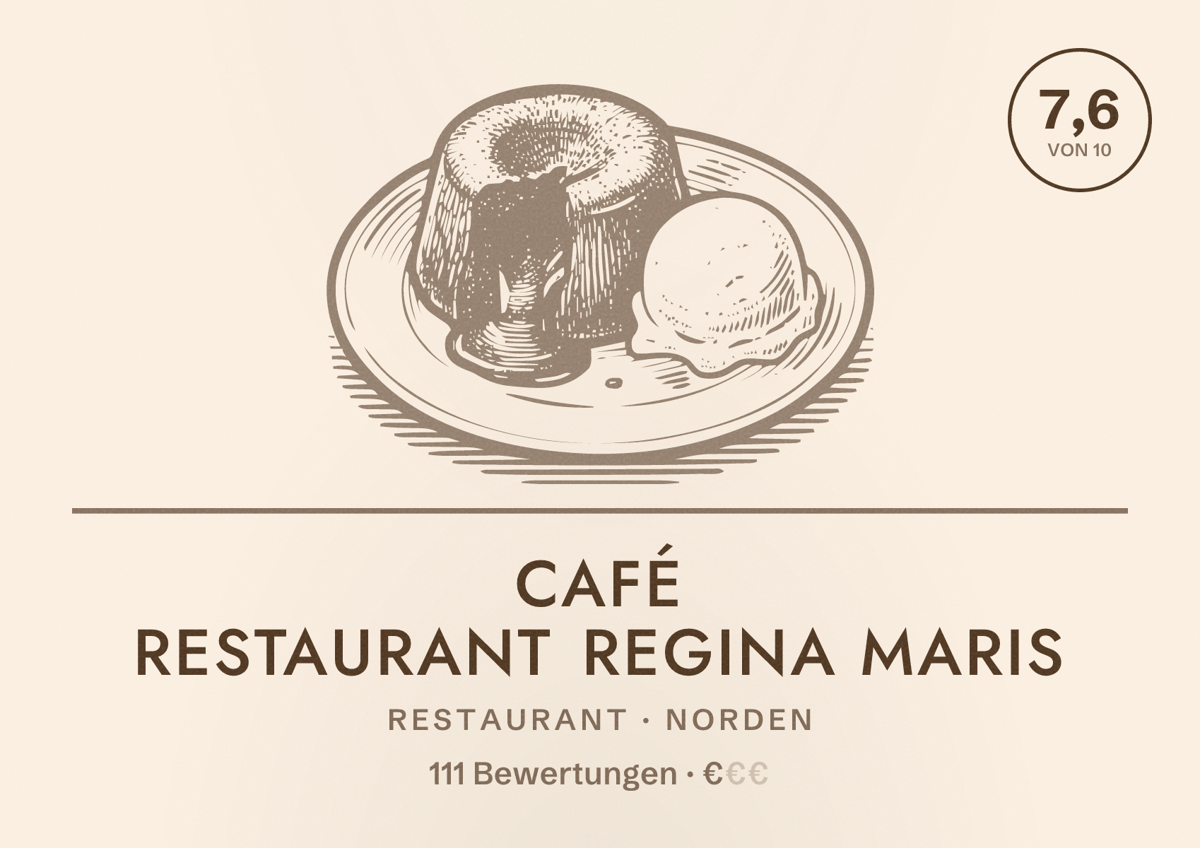 Illustriertes Poster von Café Restaurant Regina Maris, Restaurant in Norden: Bewertung 7,6 von 10 aus 111 Bewertungen, Preisniveau €