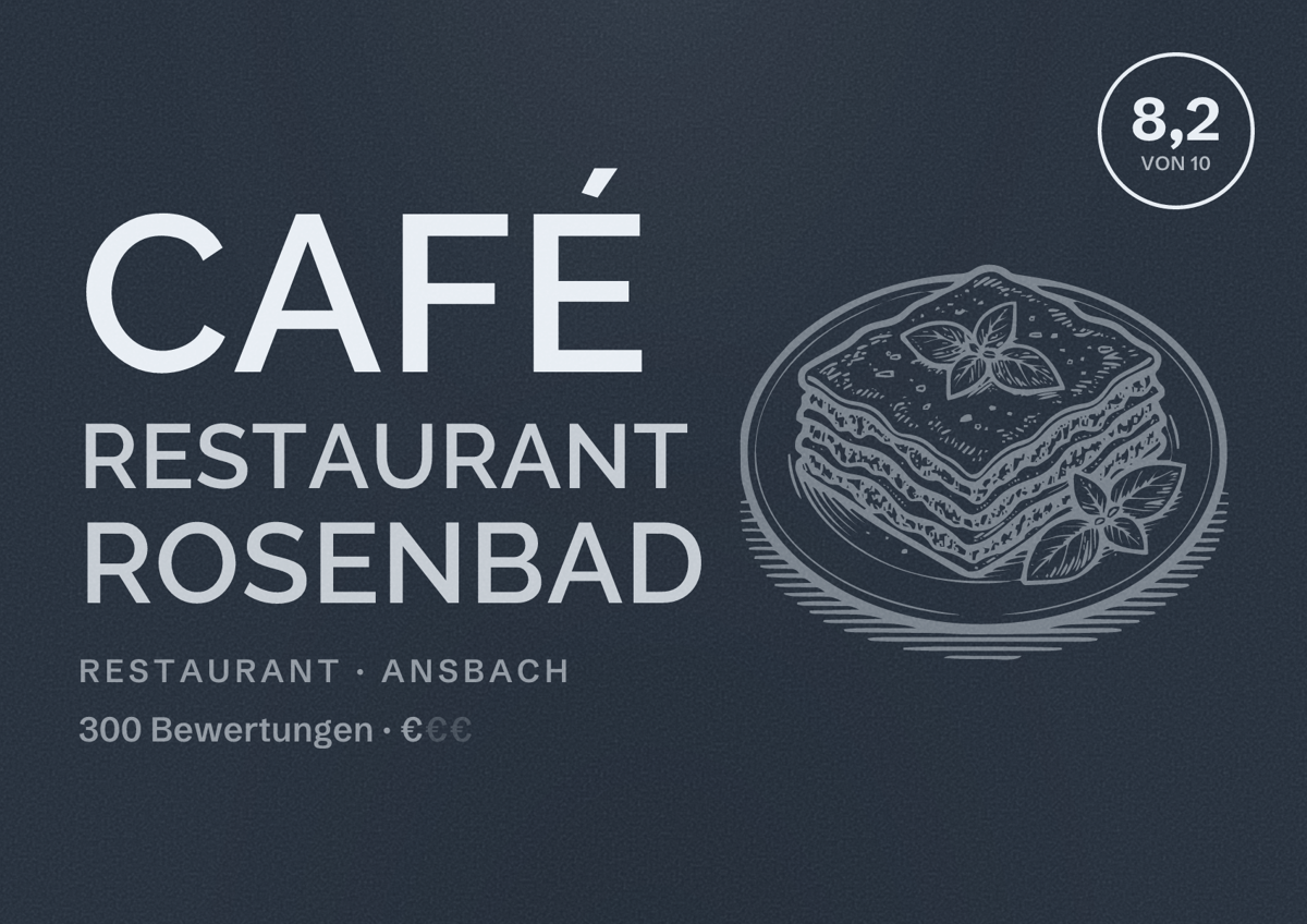 Illustriertes Poster von Café Restaurant Rosenbad, Restaurant in Ansbach: Bewertung 8,2 von 10 aus 300 Bewertungen, Preisniveau €