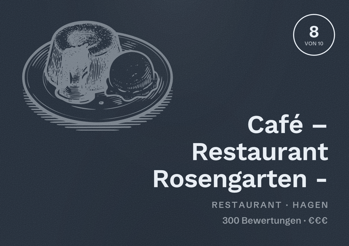 Illustriertes Poster von Café – Restaurant Rosengarten -, Restaurant in Hagen: Bewertung 8 von 10 aus 300 Bewertungen, Preisniveau €€€