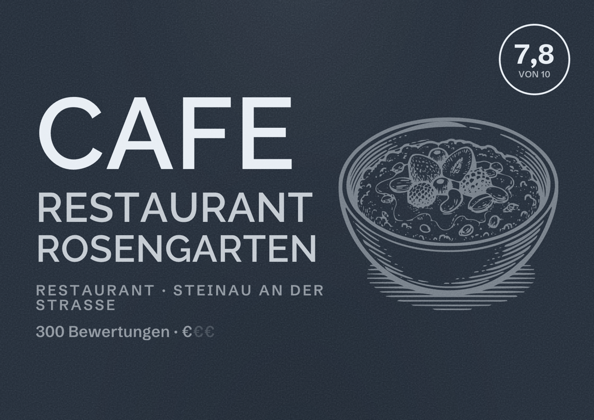 Illustriertes Poster von Cafe Restaurant Rosengarten, Restaurant in Steinau an der Straße: Bewertung 7,8 von 10 aus 300 Bewertungen, Preisniveau €