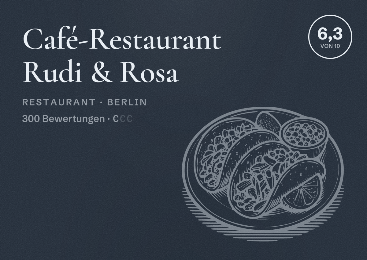 Illustriertes Poster von Café-Restaurant Rudi & Rosa, Restaurant in Berlin: Bewertung 6,3 von 10 aus 300 Bewertungen, Preisniveau €