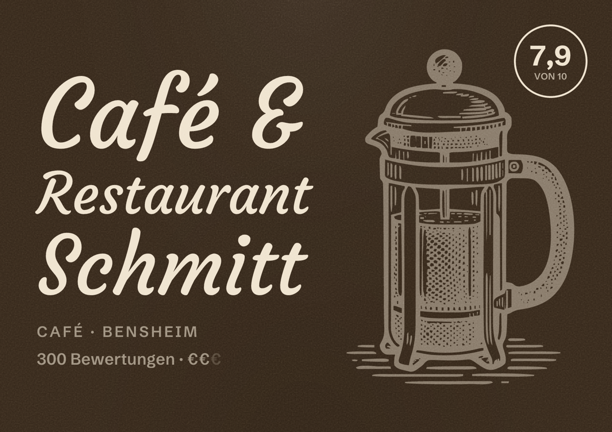 Illustriertes Poster von Café & Restaurant Schmitt, Café in Bensheim: Bewertung 7,9 von 10 aus 300 Bewertungen, Preisniveau €€