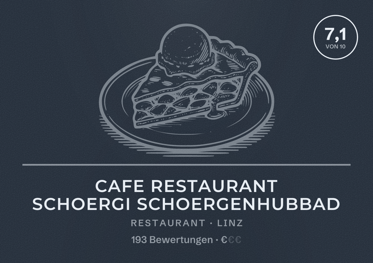 Illustriertes Poster von Cafe Restaurant Schoergi Schoergenhubbad, Restaurant in Linz: Bewertung 7,1 von 10 aus 193 Bewertungen, Preisniveau €