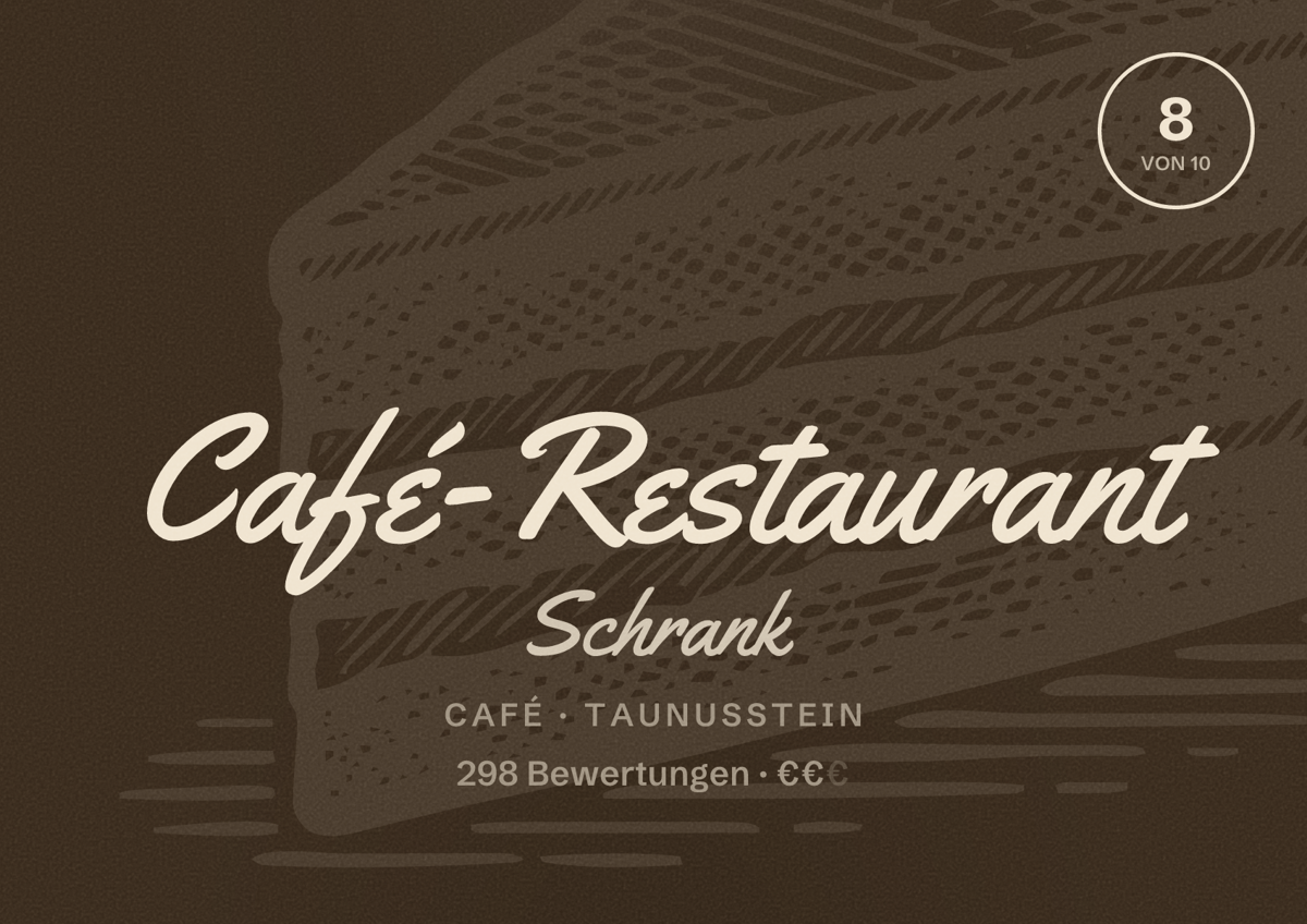 Illustriertes Poster von Café-Restaurant Schrank, Café in Taunusstein: Bewertung 8 von 10 aus 298 Bewertungen, Preisniveau €€