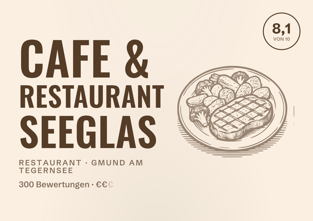 Illustriertes Poster von Cafe & Restaurant Seeglas, Restaurant in Gmund am Tegernsee: Bewertung 8,1 von 10 aus 300 Bewertungen, Preisniveau €€