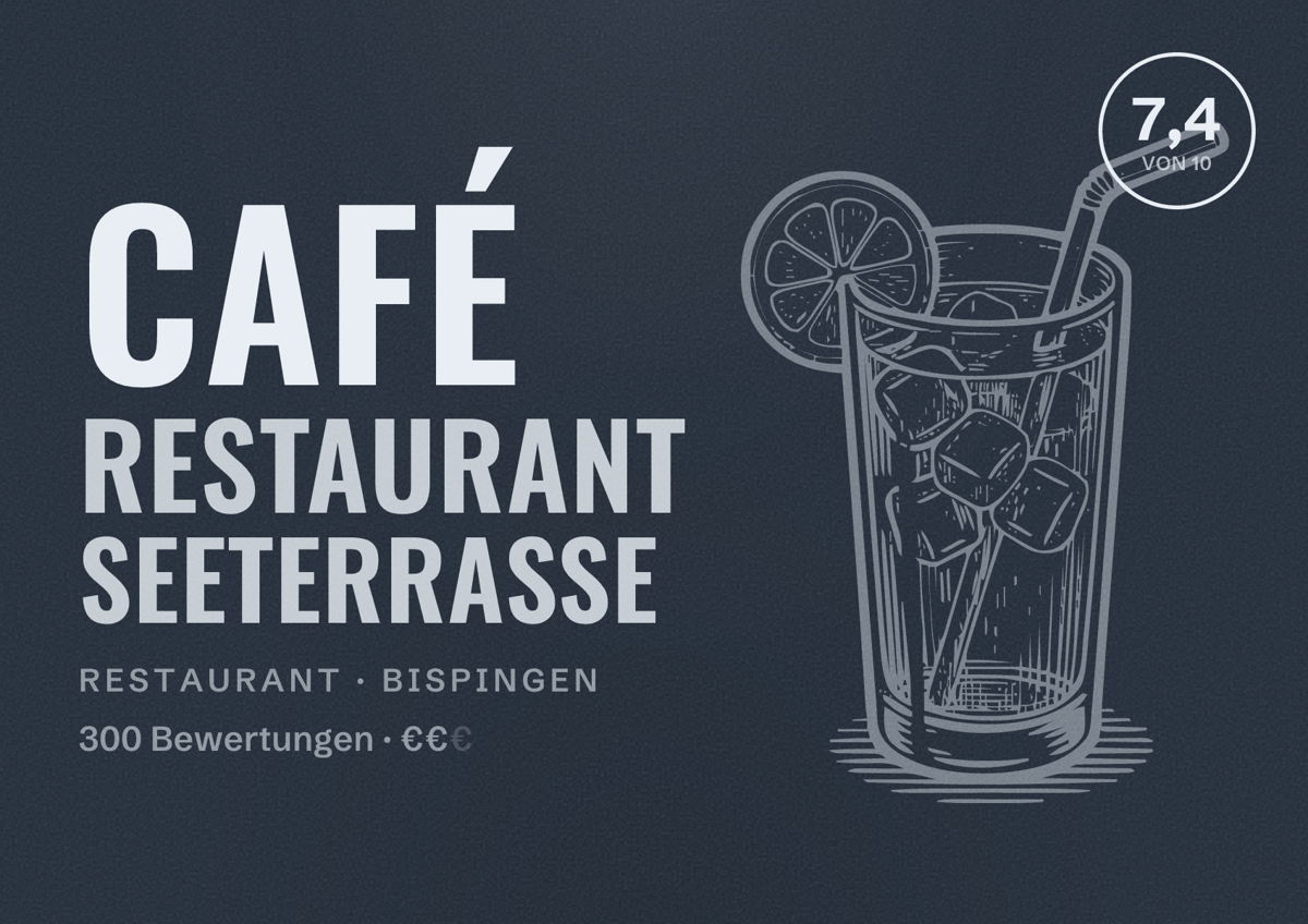 Illustriertes Poster von Café Restaurant Seeterrasse, Restaurant in Bispingen: Bewertung 7,4 von 10 aus 300 Bewertungen, Preisniveau €€